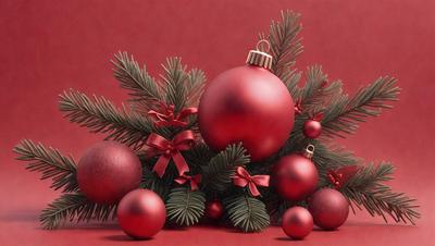 The primary subject of the image is a red Christmas ornament, which is the main focus of the scene. The ornament is placed on a red surface, which serves as the setting or background. The visual style of the image is a combination of photo and digital art, creating a festive and holiday atmosphere. The dominant colors in the image are red and green, which are commonly associated with Christmas decorations.